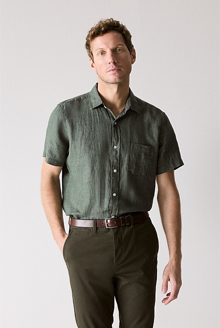 Dark Green Regular Fit Delave Linen Short Sleeve Shirt - MEN Shirts ...