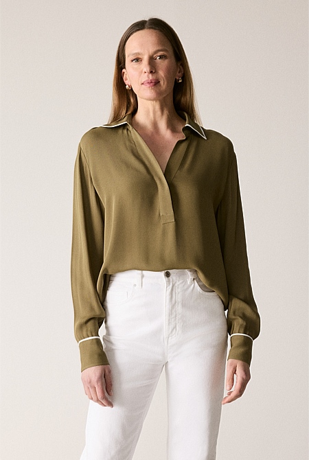 Olive Crepe Piping Detail Blouse - WOMEN Shirts | Trenery