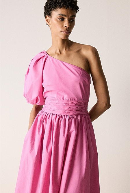 Brilliant Pink Cotton Poplin One Shoulder Dress - WOMEN Dresses | Trenery