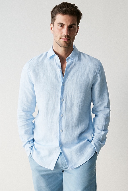 Pale Blue Tailored Fit Linen Puppytooth Shirt - MEN Best Sellers | Trenery