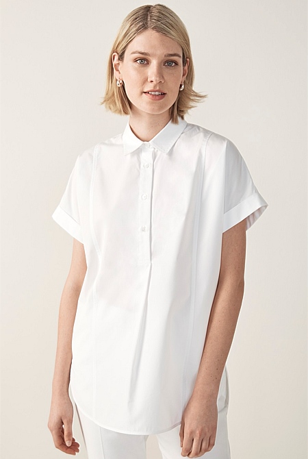 Pure White Cotton Poplin Short Sleeve Tunic Shirt - WOMEN Shirts | Trenery
