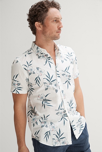 White Regular Fit Vintage Tropical Print Short Sleeve Shirt - MEN ...