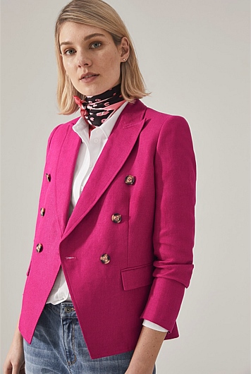 Raspberry Pink Linen Blend Double-Breasted Blazer - WOMEN Jackets ...