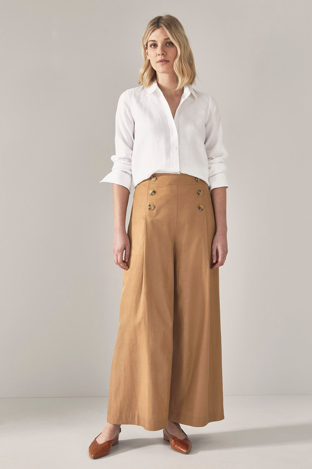 Button Detail Wide Leg Pant