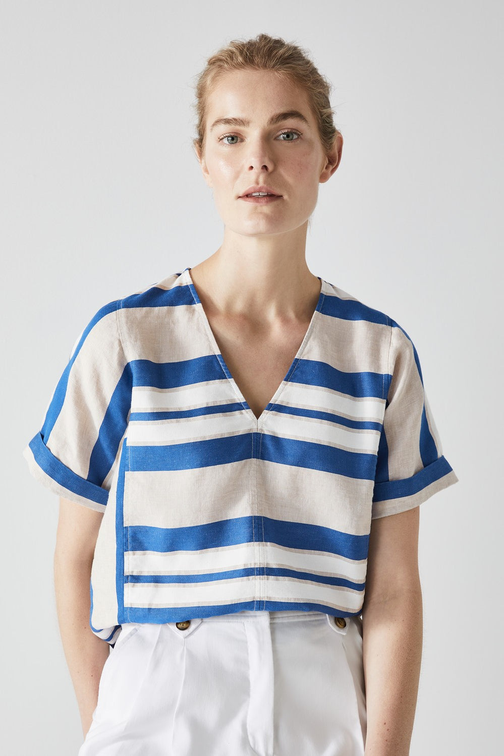 Linen Cotton Stripe V-Neck Top