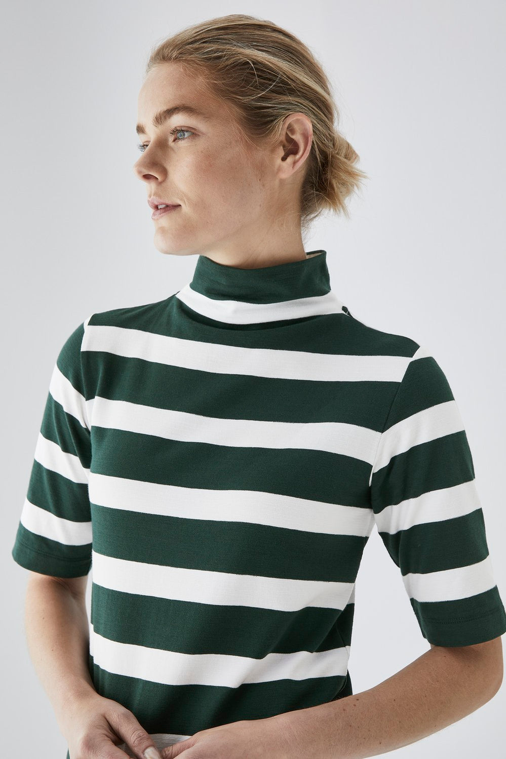 Mock Neck Bold Stripe T-Shirt