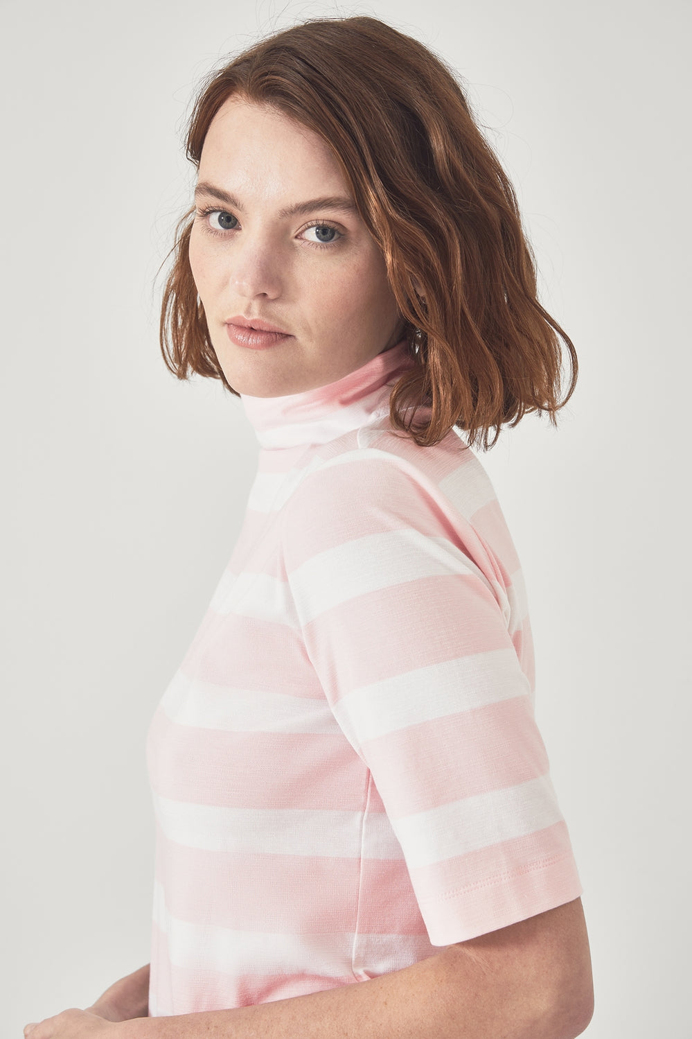 Mock Neck Bold Stripe T-Shirt
