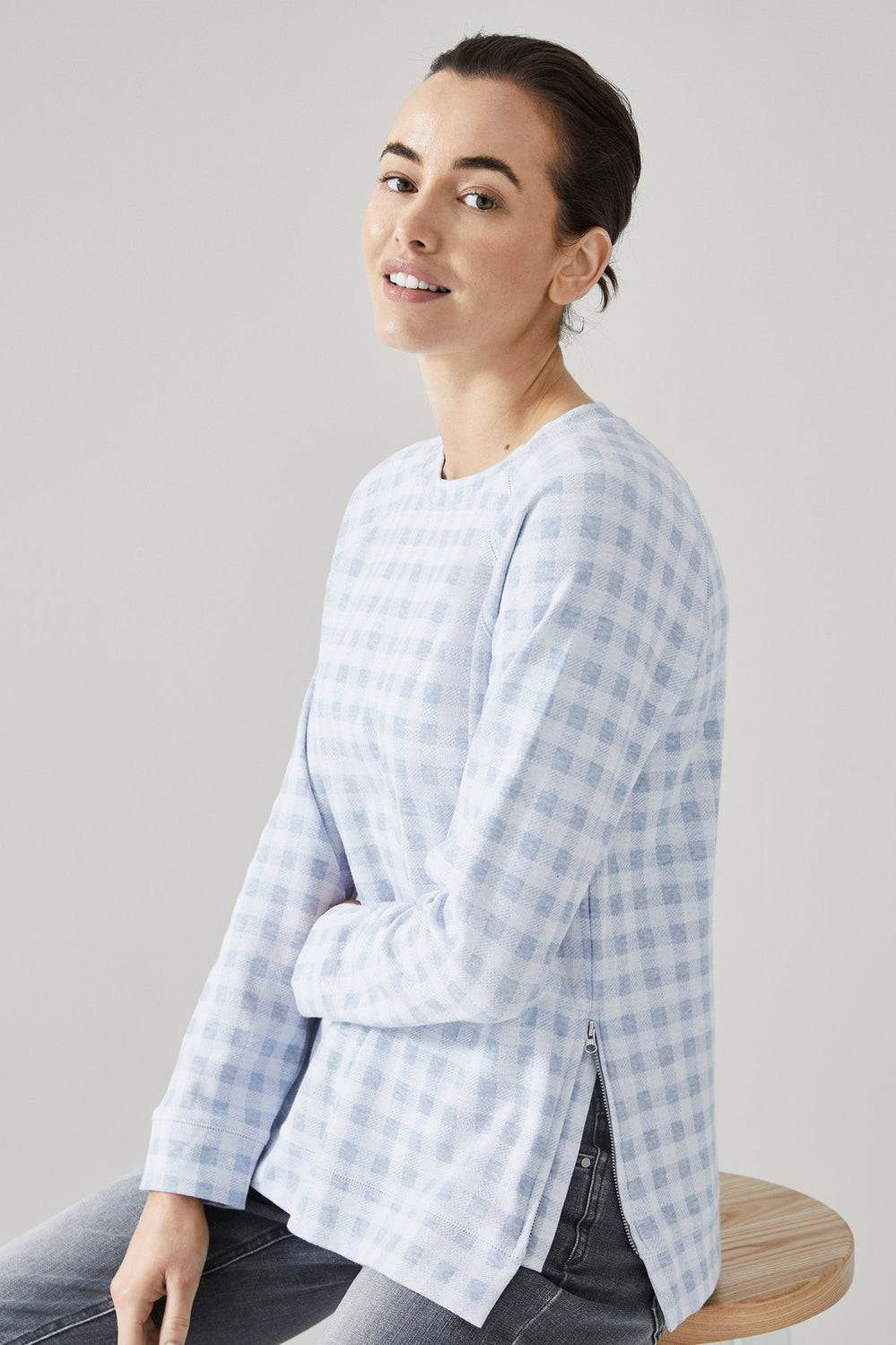 Cotton Gingham Zip Sweat