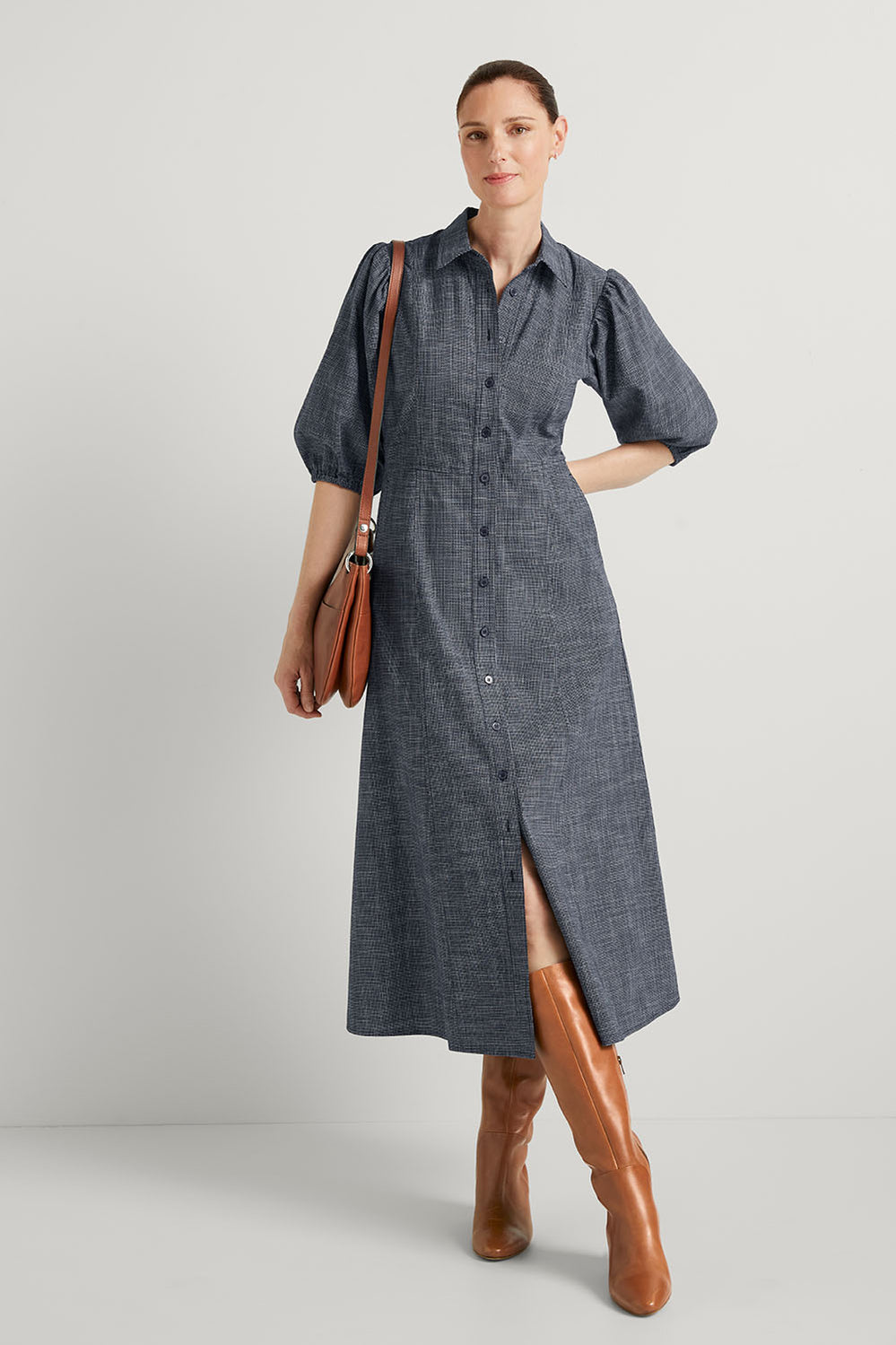 Mini Check Gathered Sleeve Shirt Dress