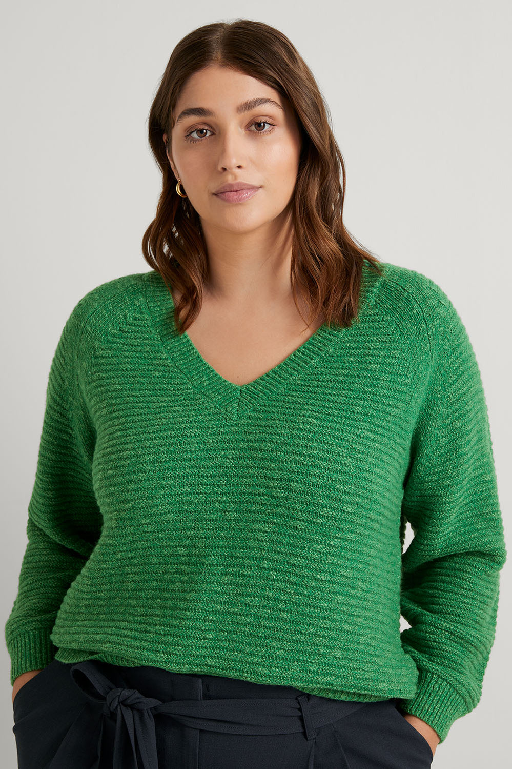 Cotton Blend Textured V Neck Pullover