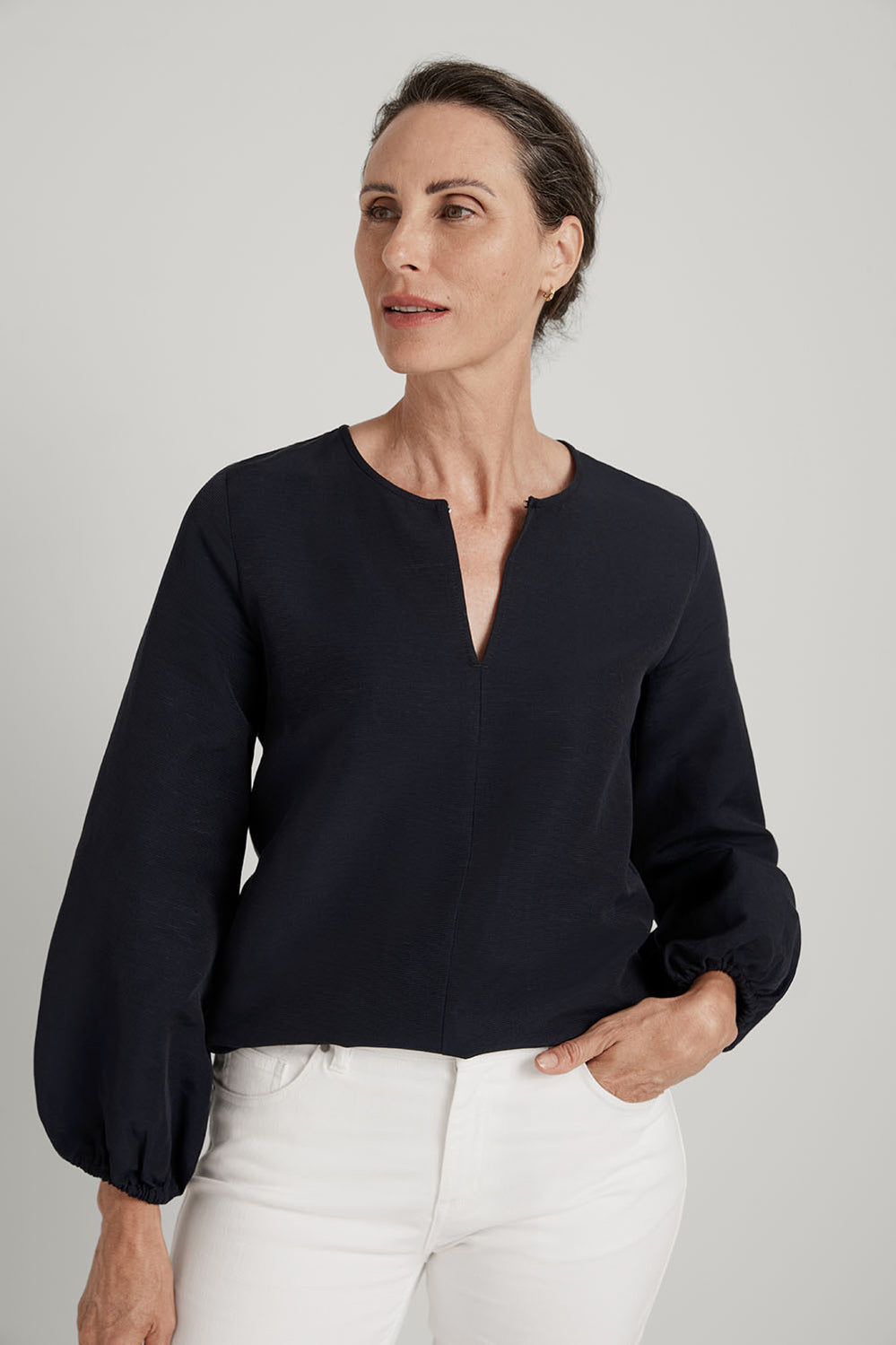 Gathered Sleeve Vent Neck Top