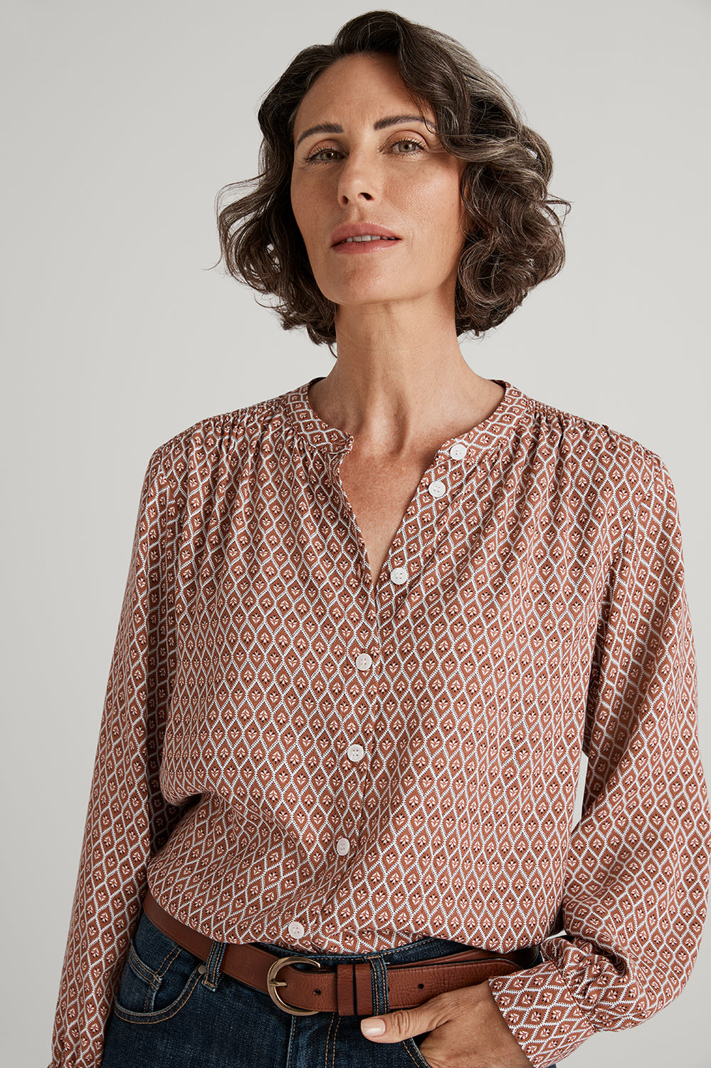 All Over Foulard Shirred Blouse