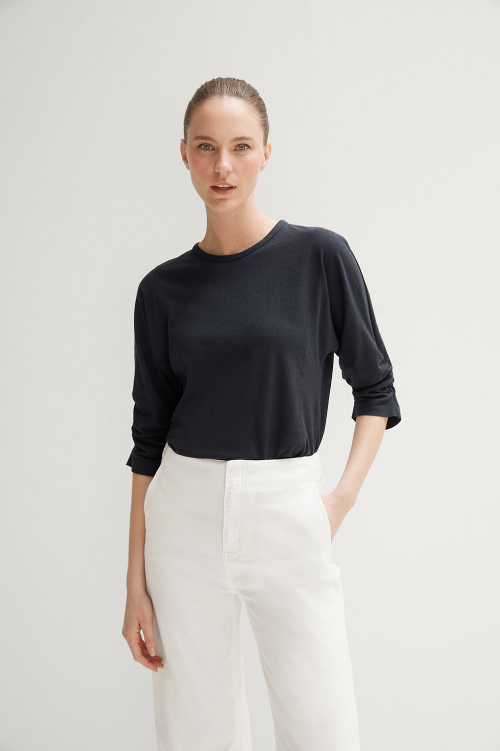 Linen Cotton Ruched Sleeve T-Shirt