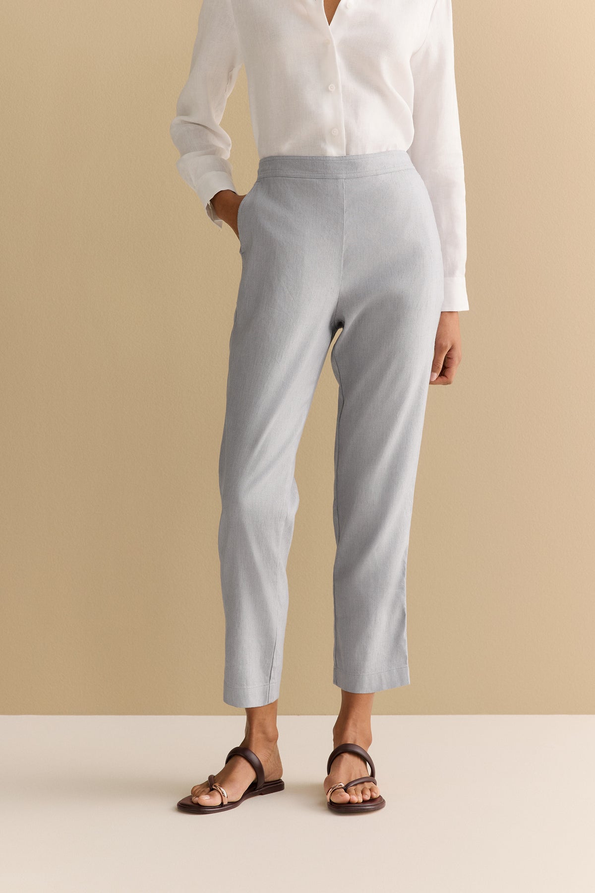 Yarn Dyed Stretch Linen Blend Pull On Pant