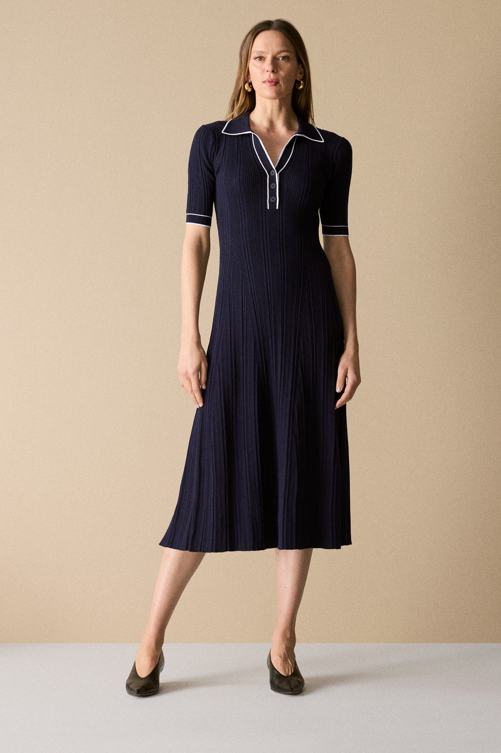 Cotton Cashmere Blend Rib Knit Polo Dress