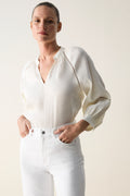 Linen Silk Lattice Trim Blouse