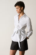 Yarn Dyed Linen Stripe Tie Waist Blouse