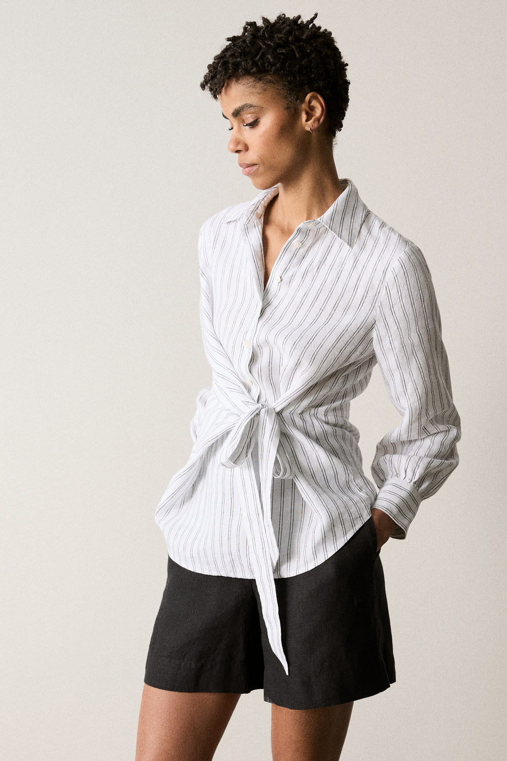 Yarn Dyed Linen Stripe Tie Waist Blouse