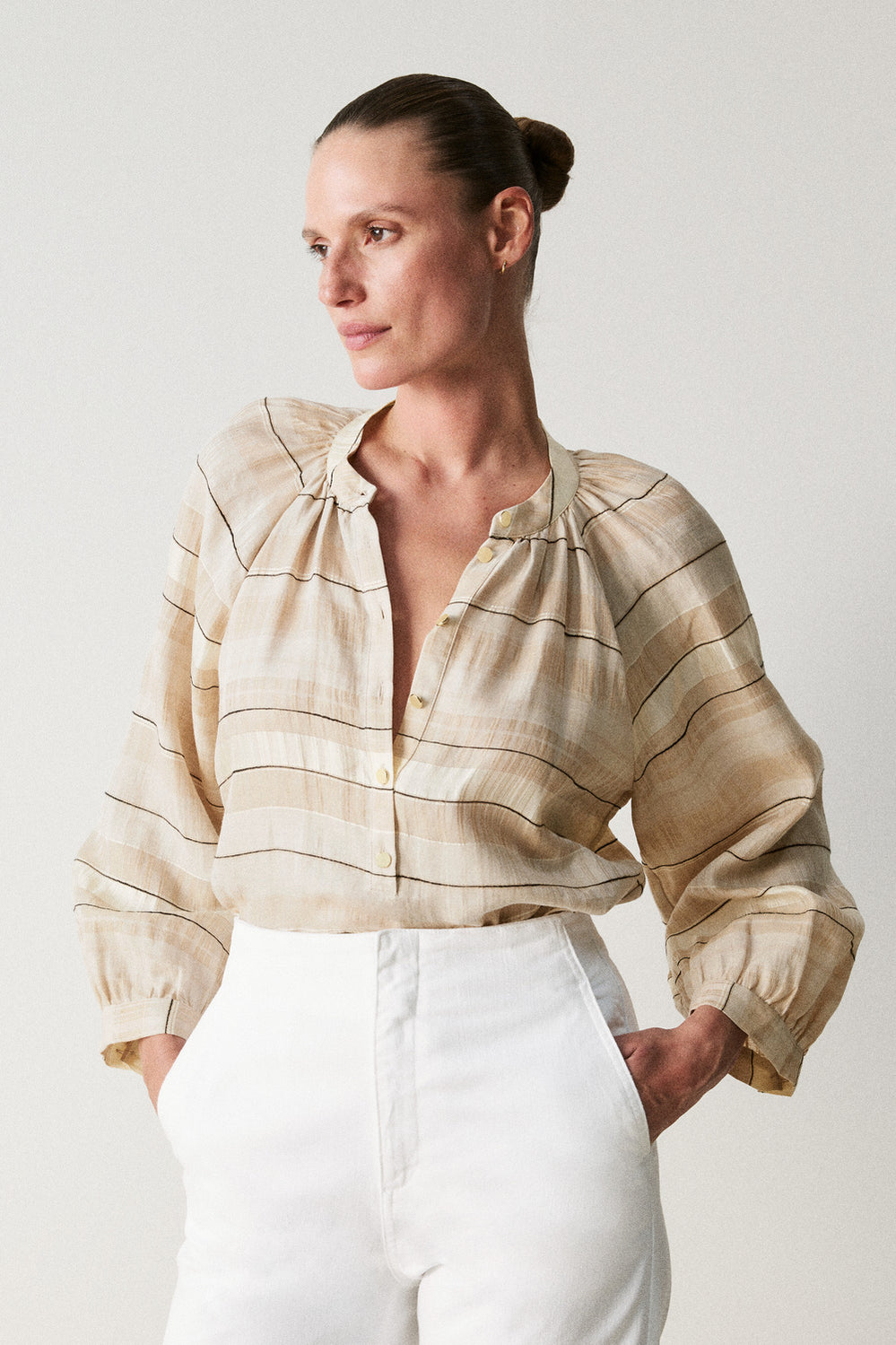 Italian Silk Linen Blend Stripe Blouse