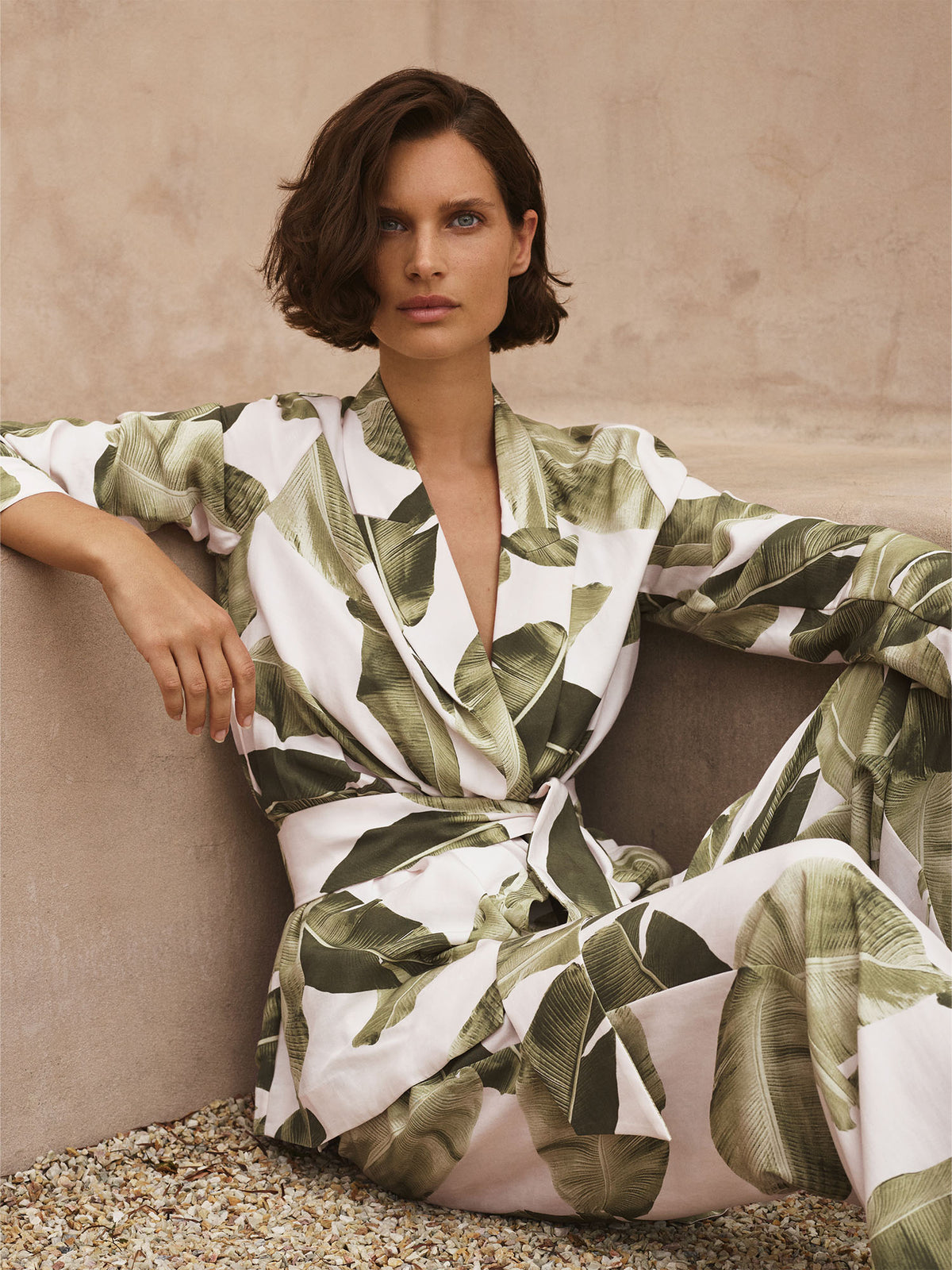 Palm Leaf Print Wrap Jacket