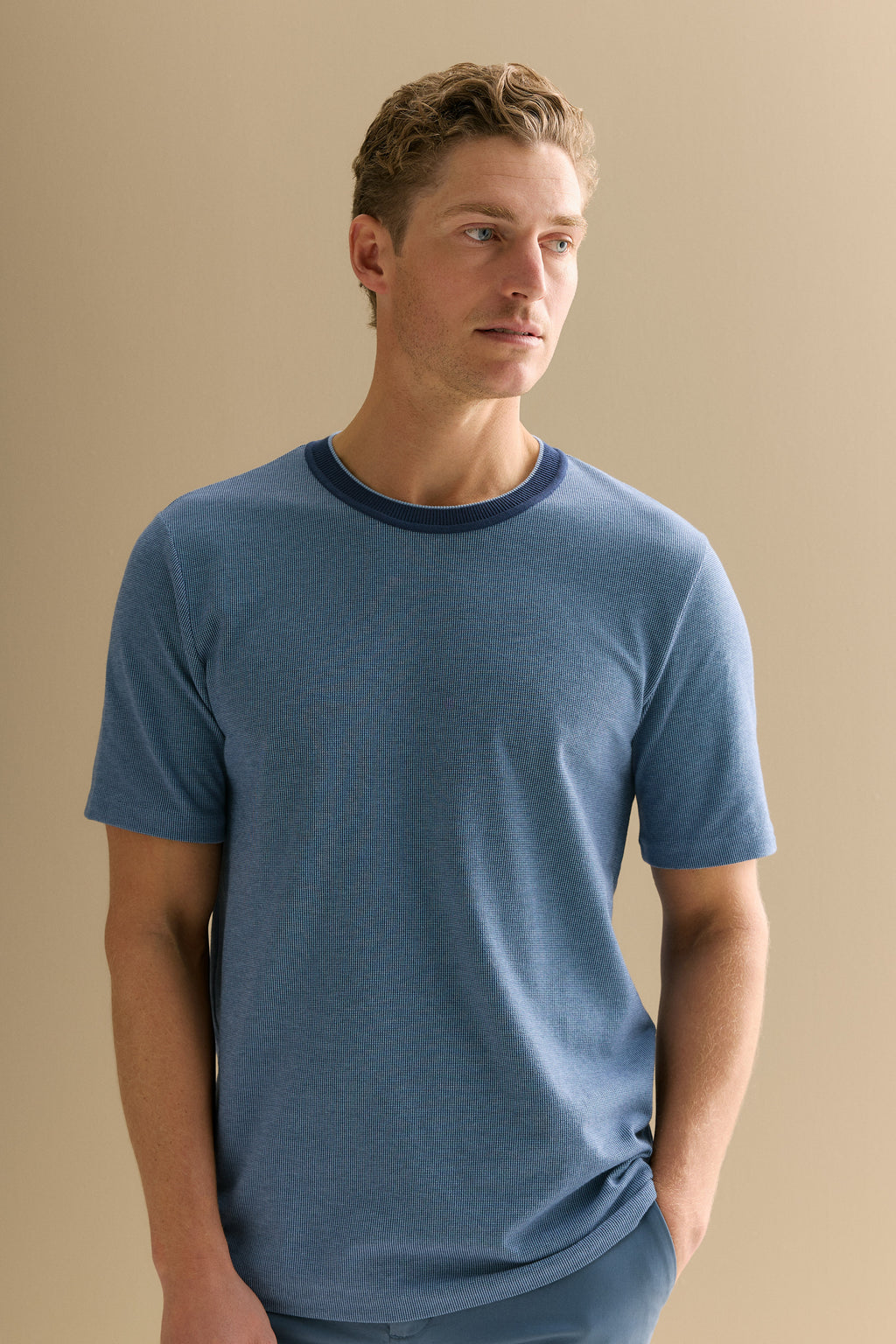 Cotton Jacquard Contrast Collar T-Shirt