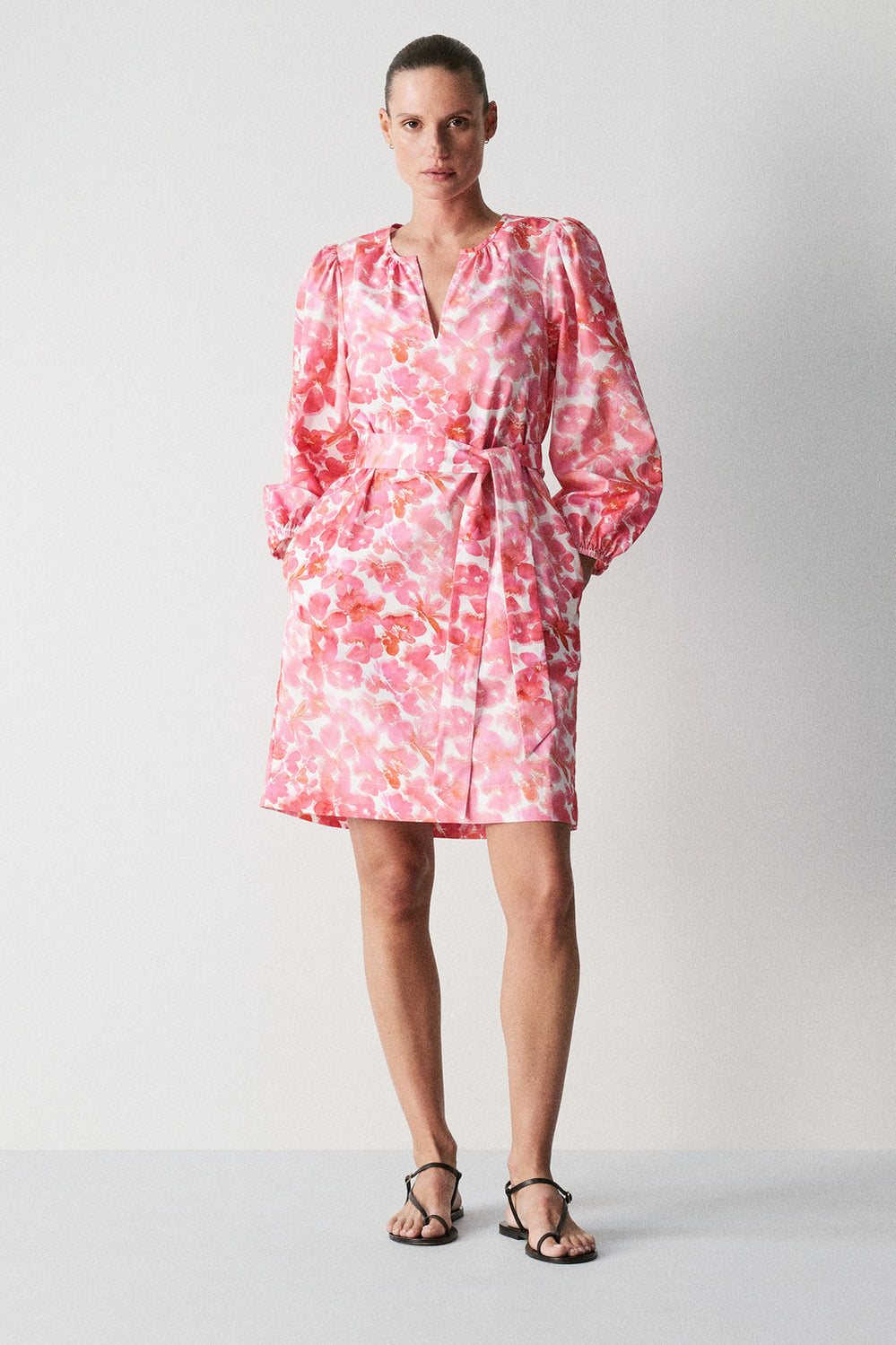 Cotton Poplin Blouson Sleeve Floral Shift Dress