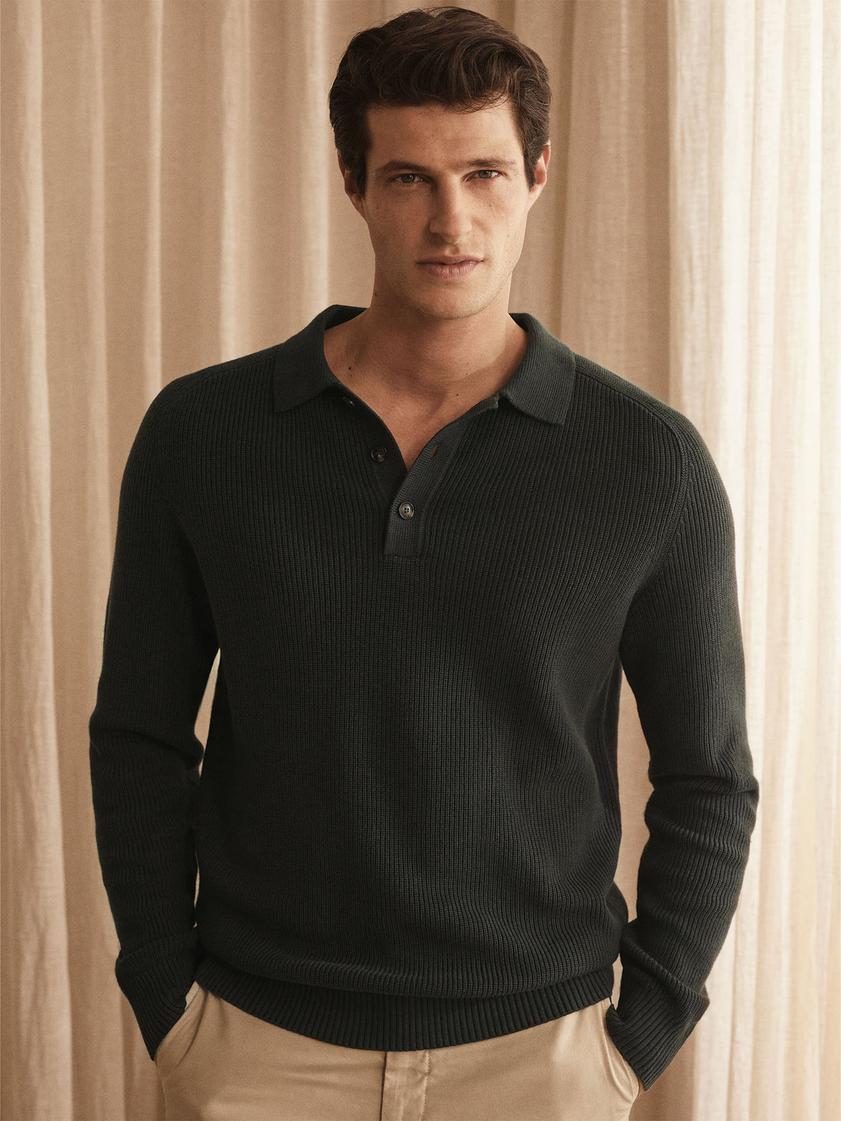 Cotton Rib Knit Long Sleeve Polo