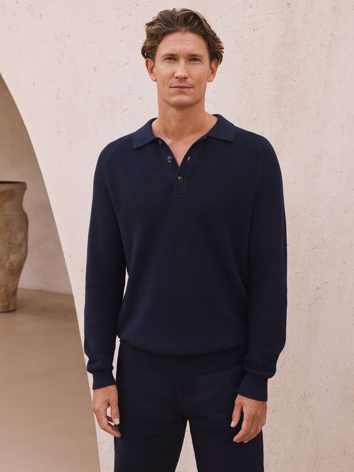 Cotton Rib Knit Long Sleeve Polo