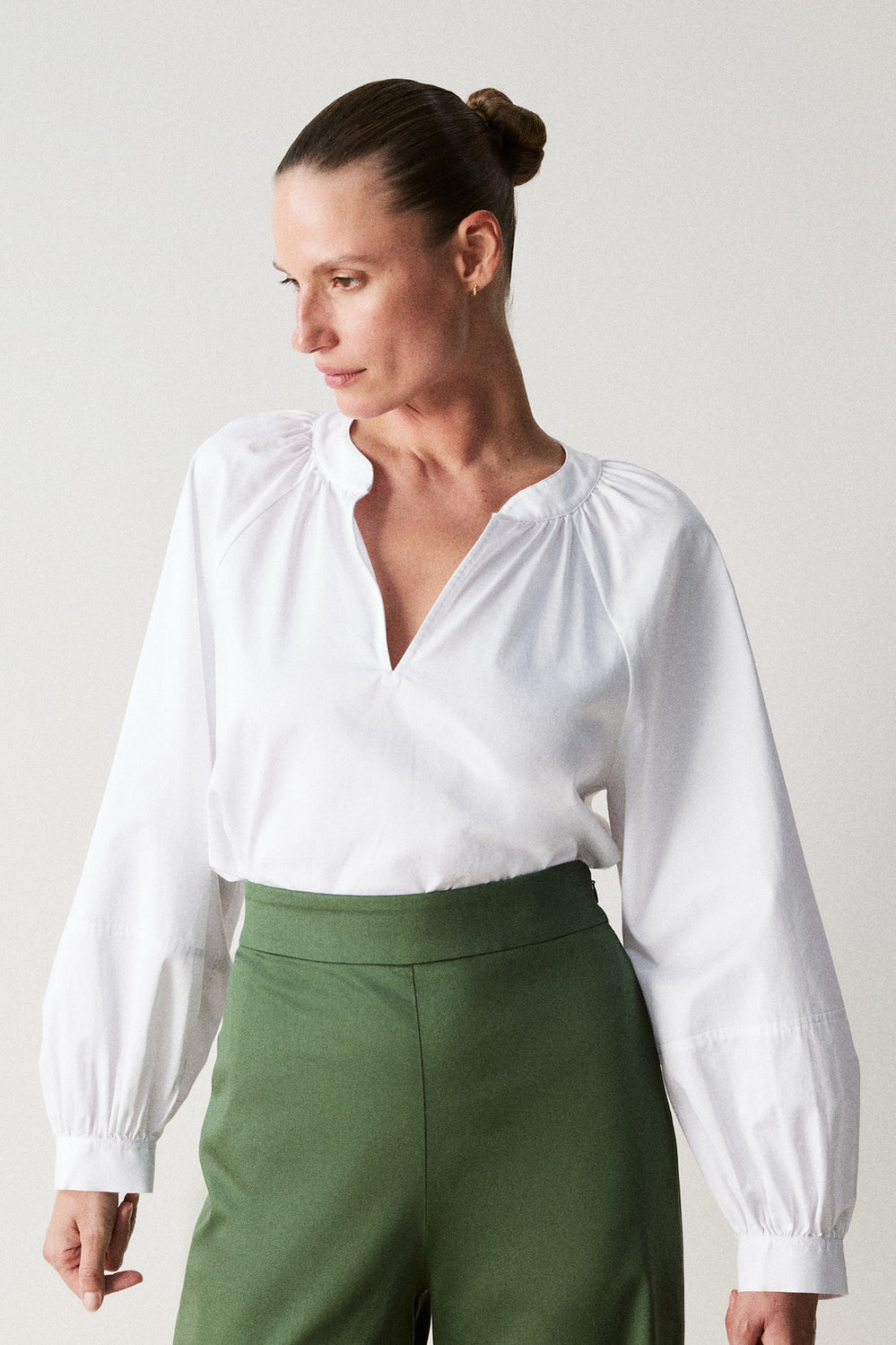 Cotton Sateen Lantern Sleeve Blouse