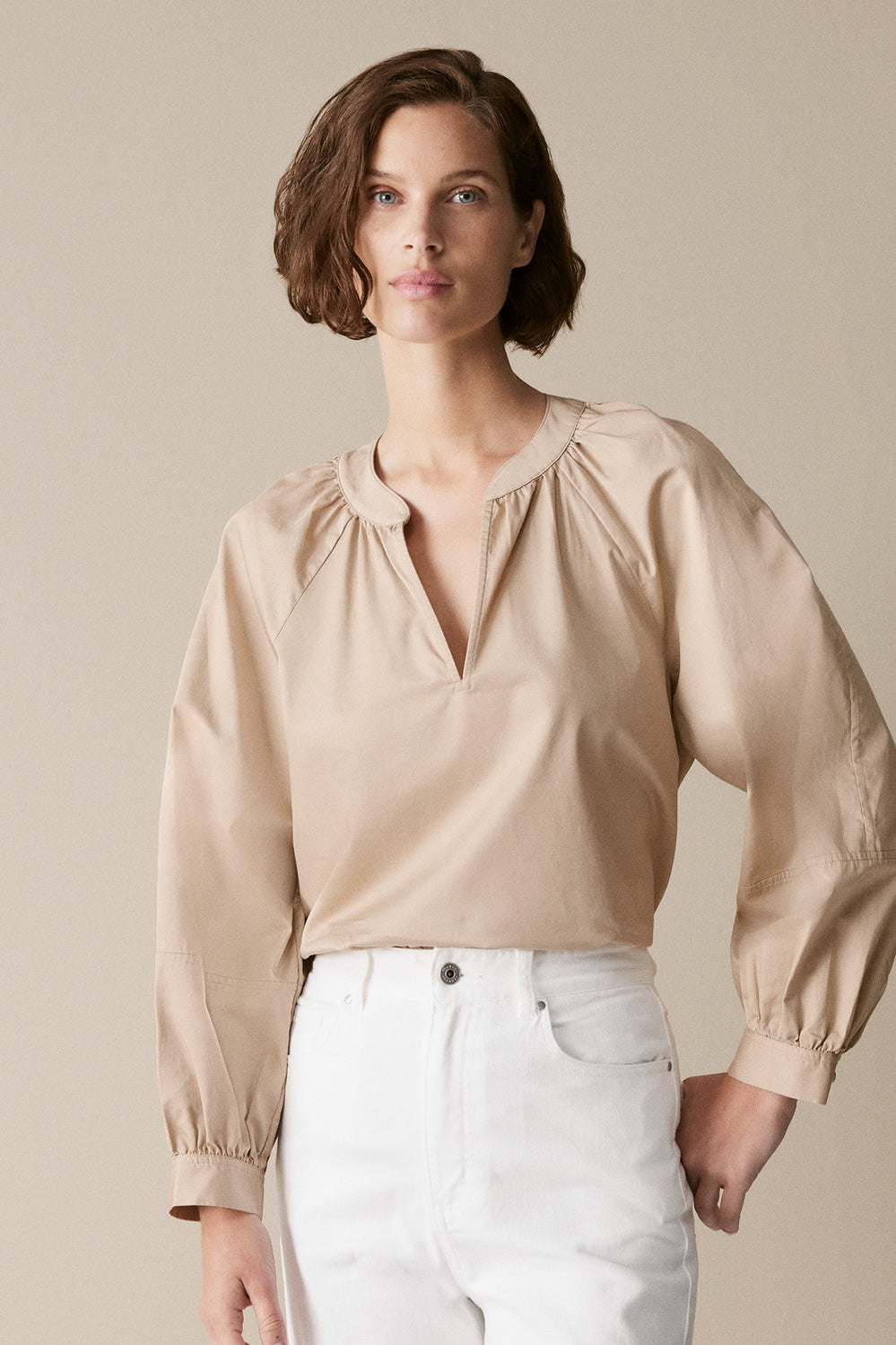 Cotton Sateen Lantern Sleeve Blouse