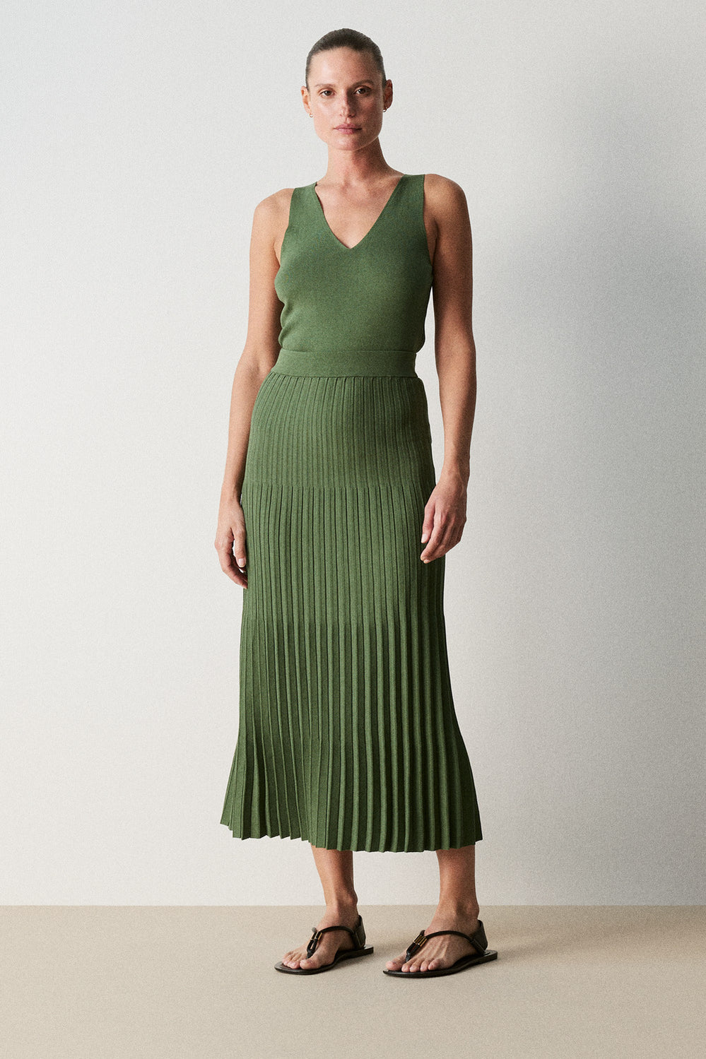 Cotton Knit Pleat Midi Skirt