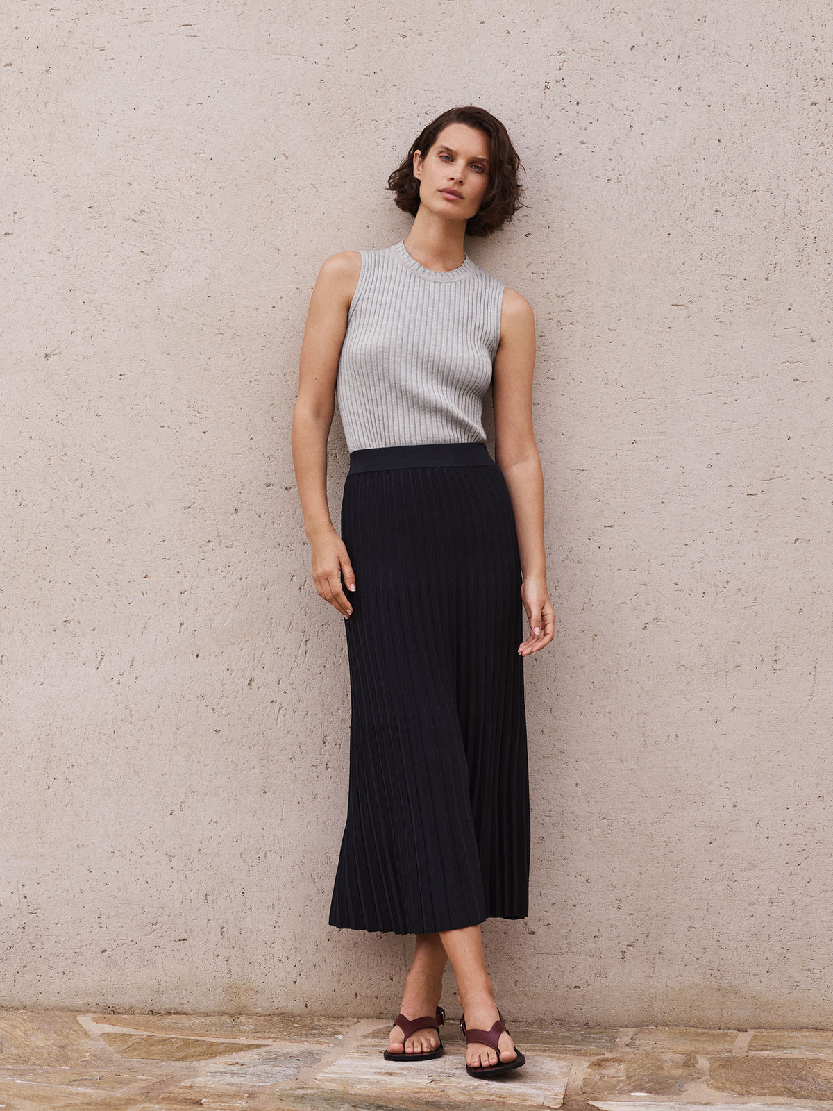 Cotton Knit Pleat Midi Skirt