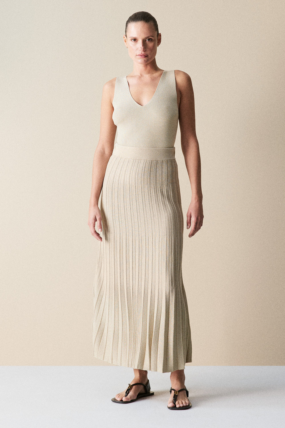 Shimmer Knit Pleat Midi Skirt