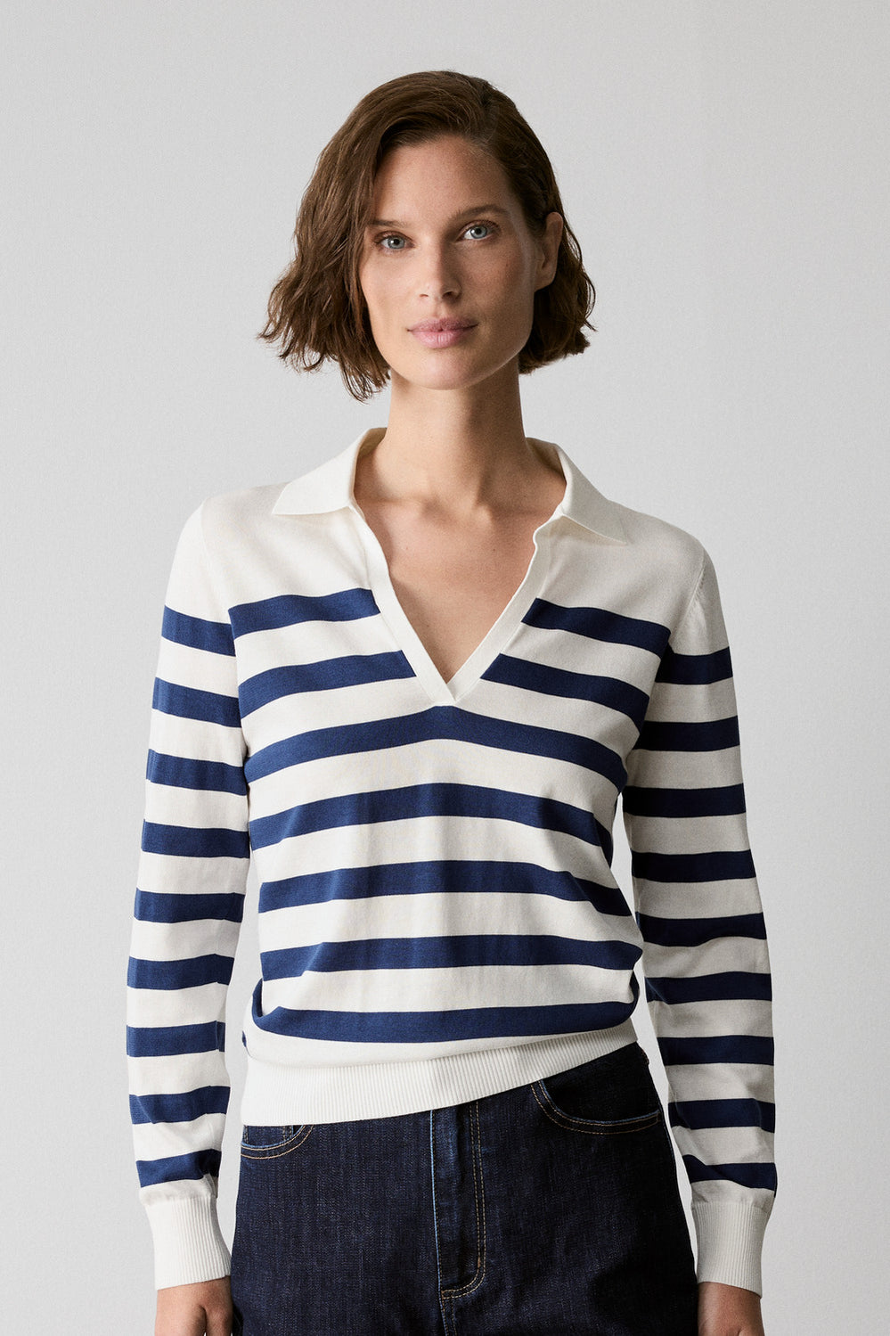 Mercerised Cotton Stripe Long Sleeve Knit Polo