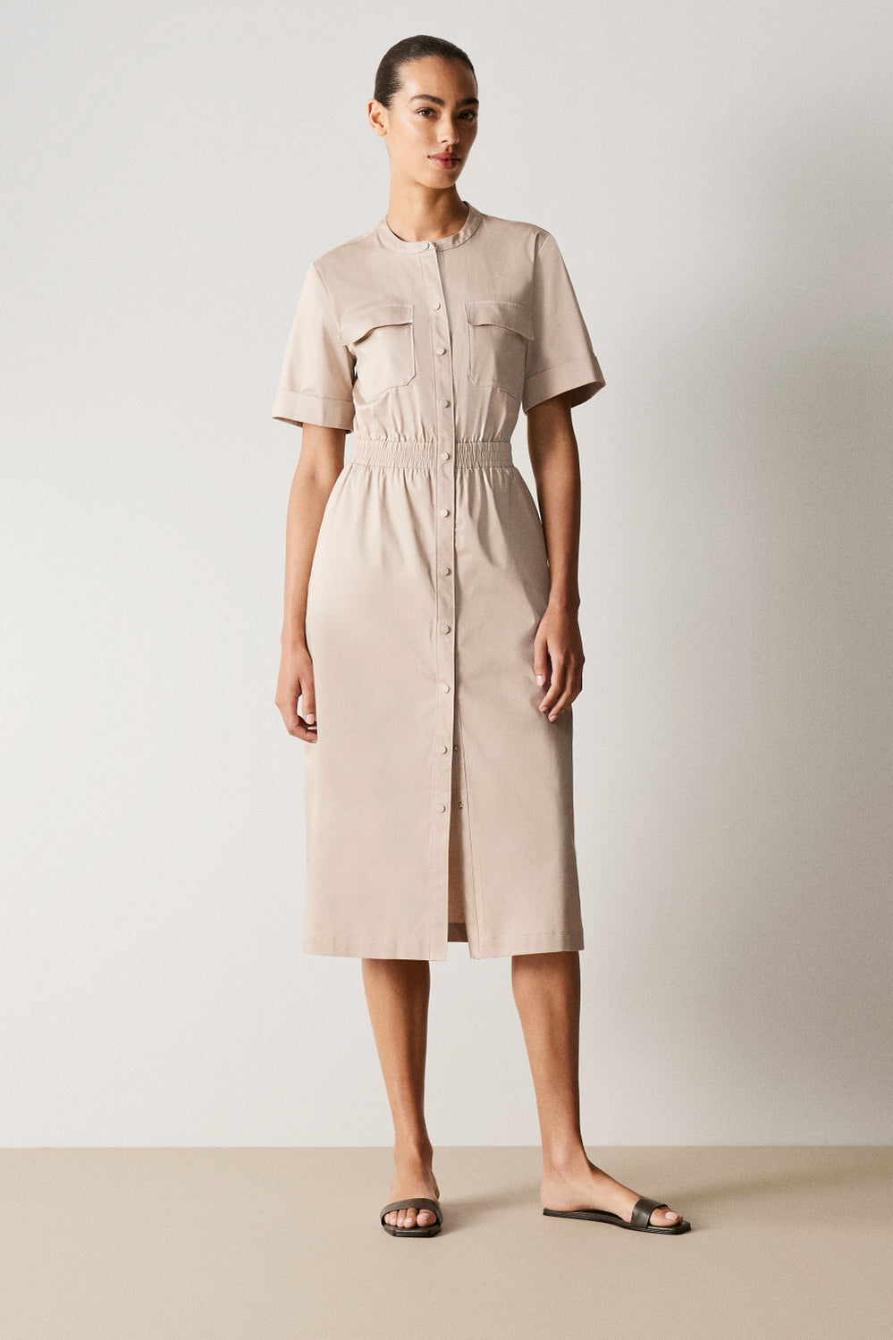 Sateen Elastic Waist Shirt Dress
