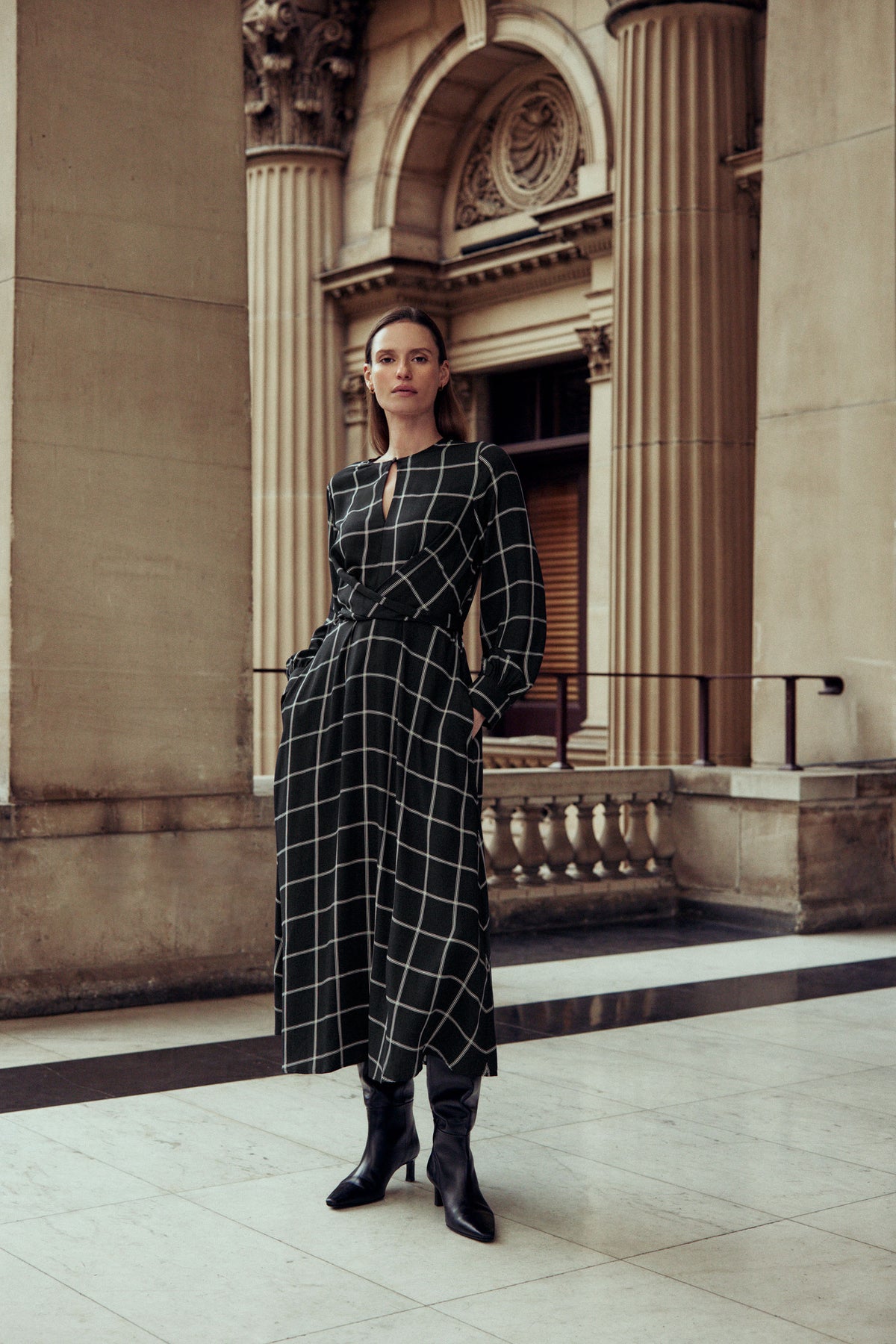 Modal Check Wrap Waist Dress
