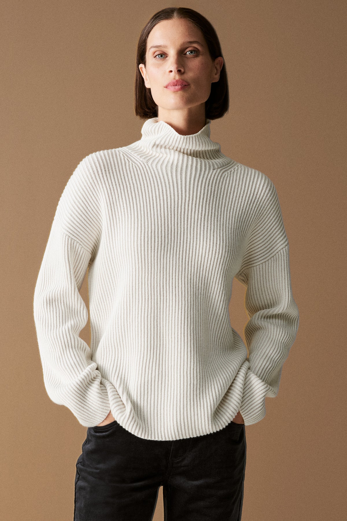 Cotton Cashmere Blend Rib Mock Neck Pullover