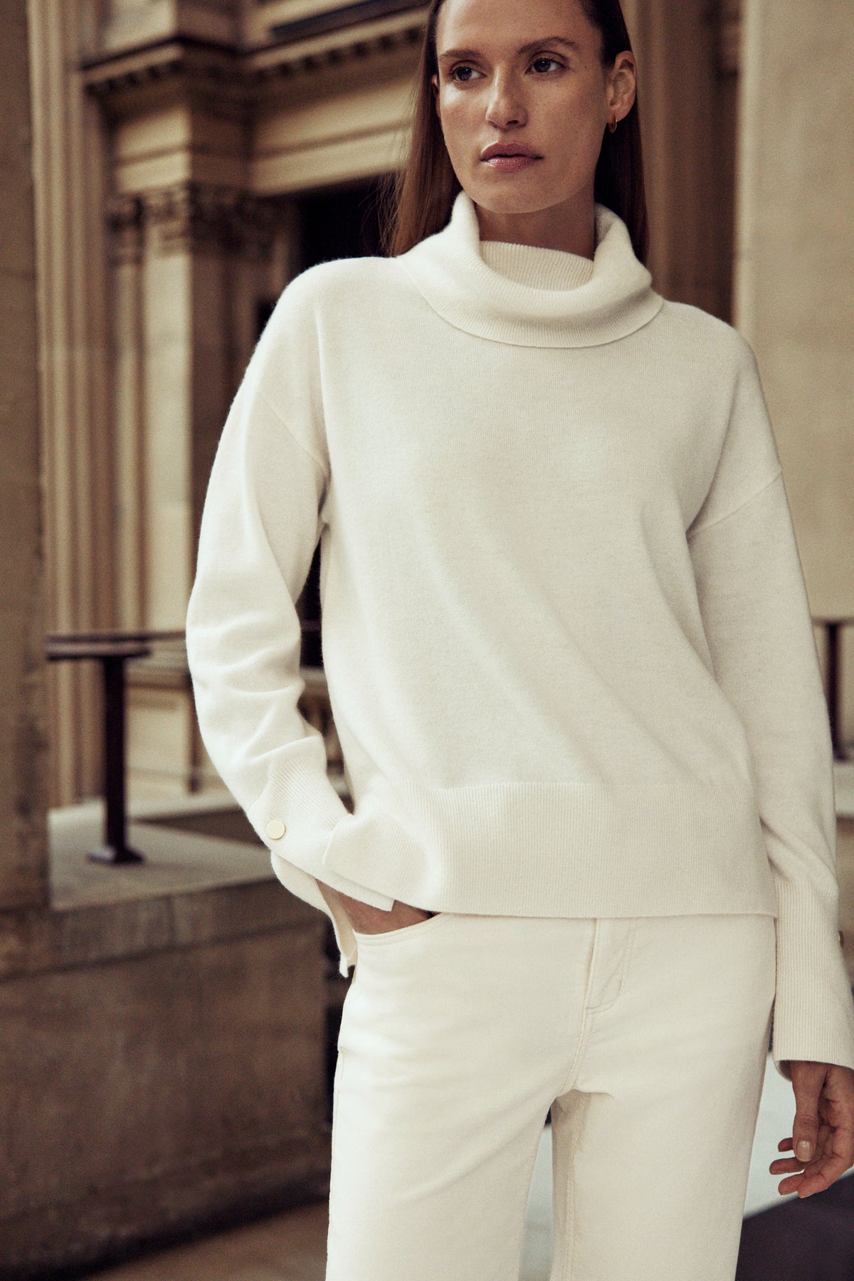 Wool Blend Button Detail Relaxed Rollneck