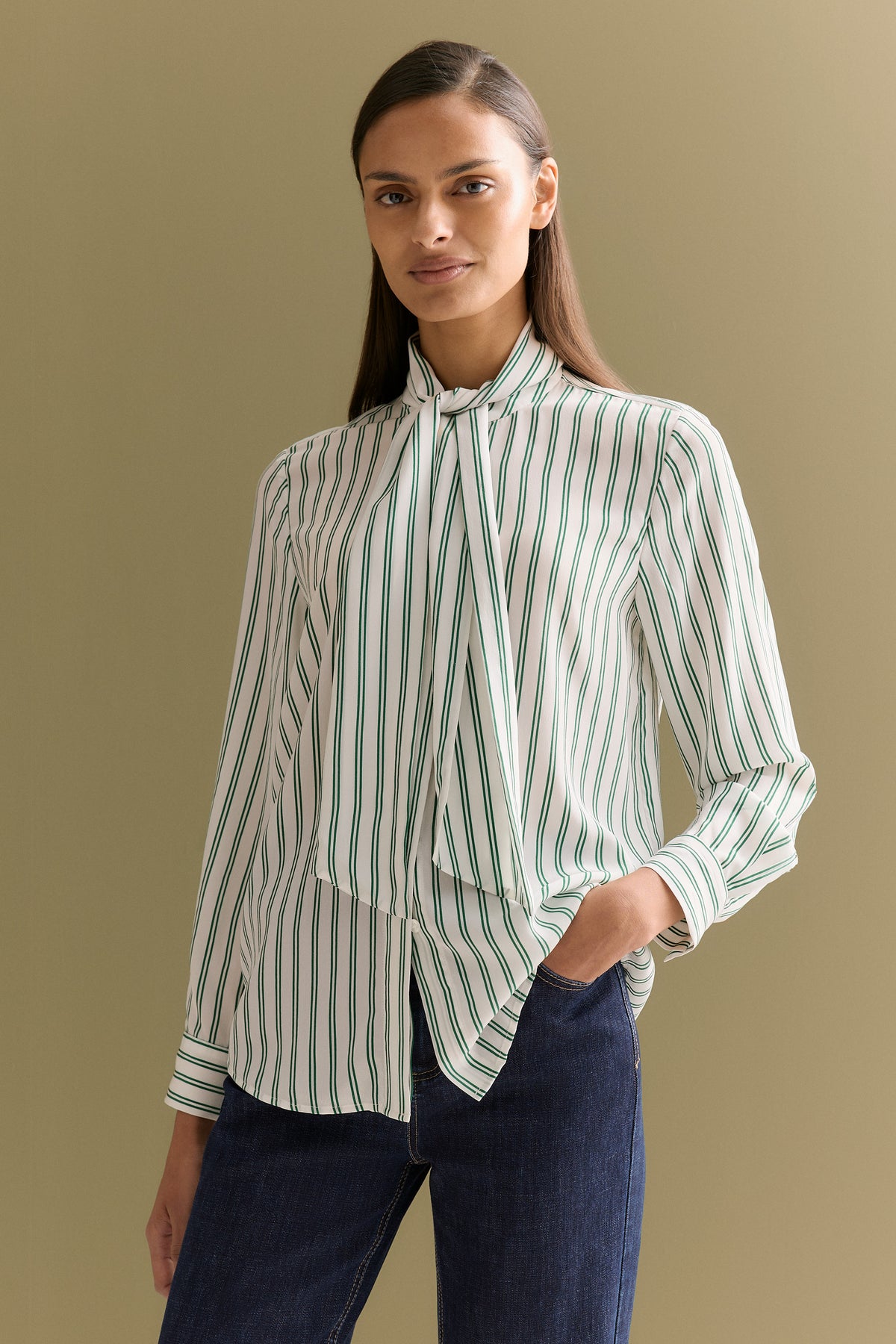 Silk Striped Tie Neck Shirt