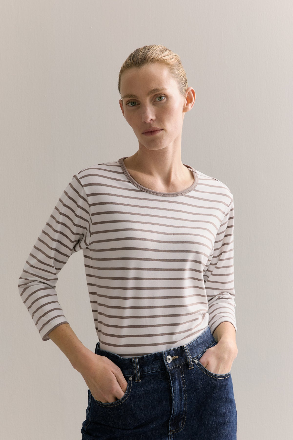 Cotton Stripe 3/4 Sleeve T-Shirt