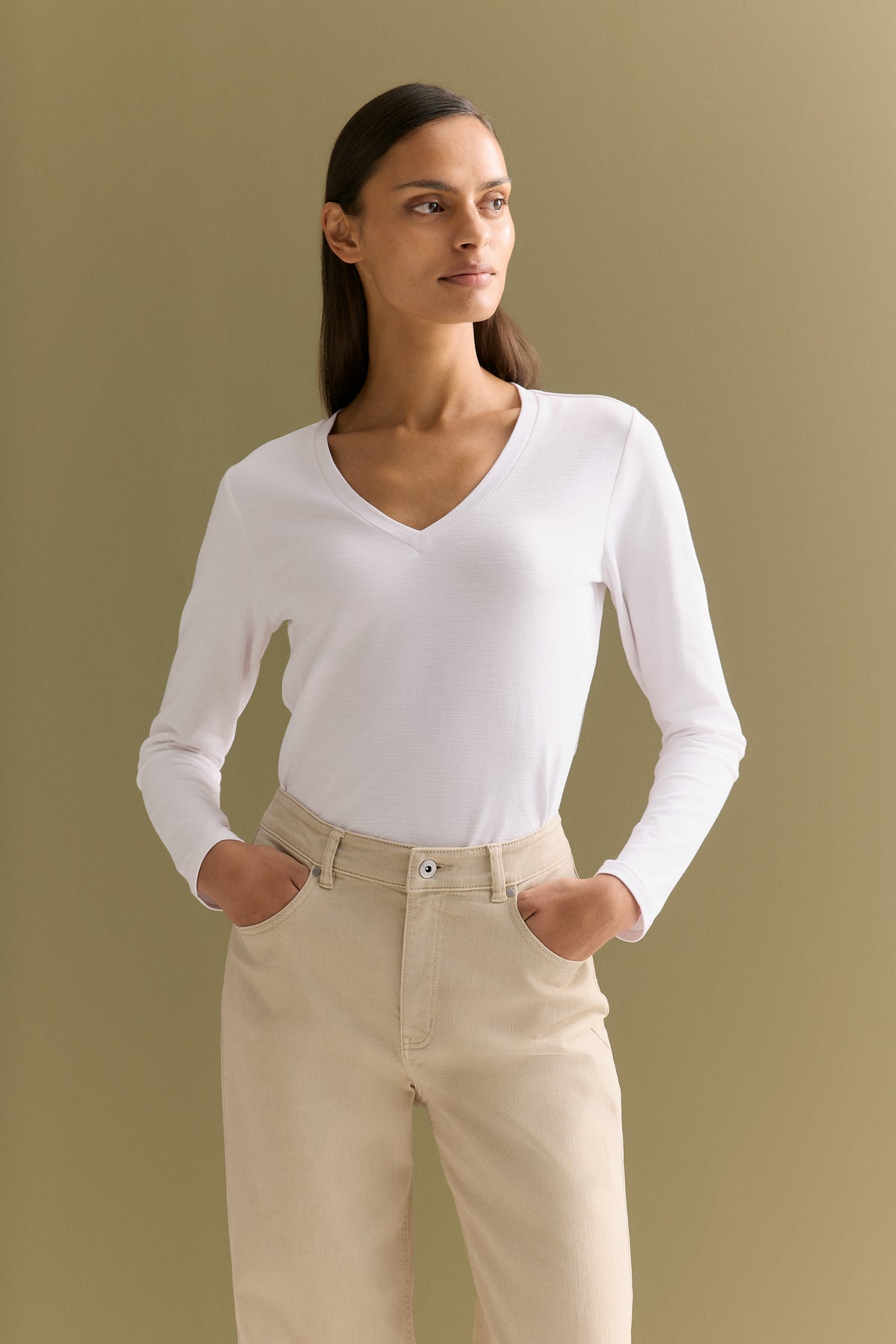 Cotton V Neck Long Sleeved T-Shirt