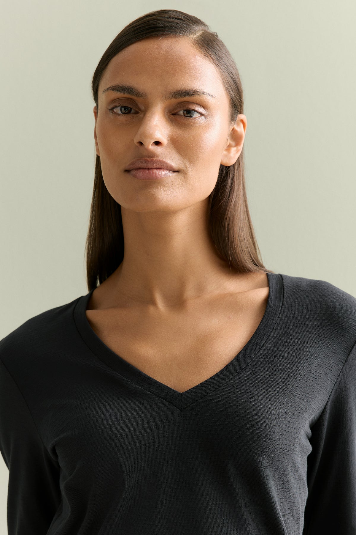 Cotton V Neck Long Sleeved T-Shirt