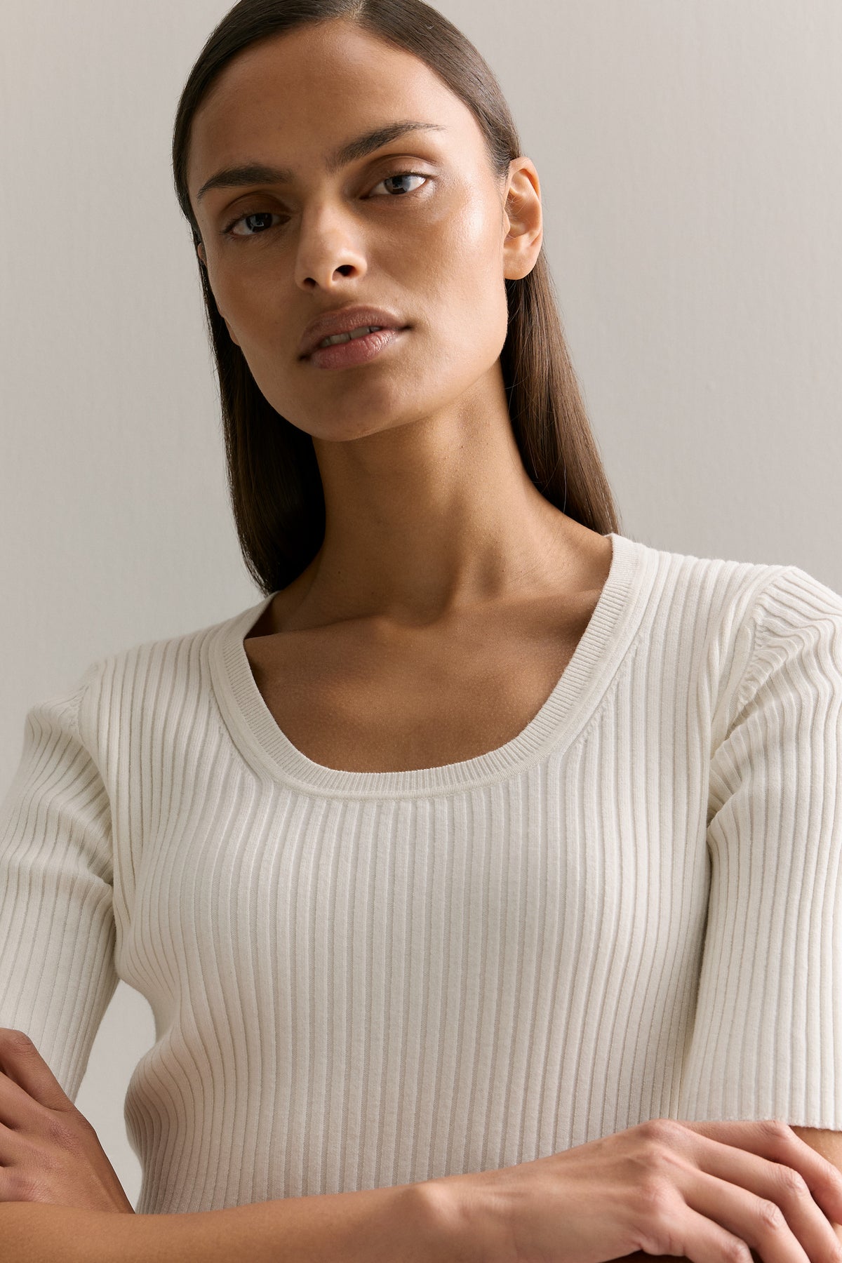 Cotton Cashmere Blend Rib Knit T-Shirt
