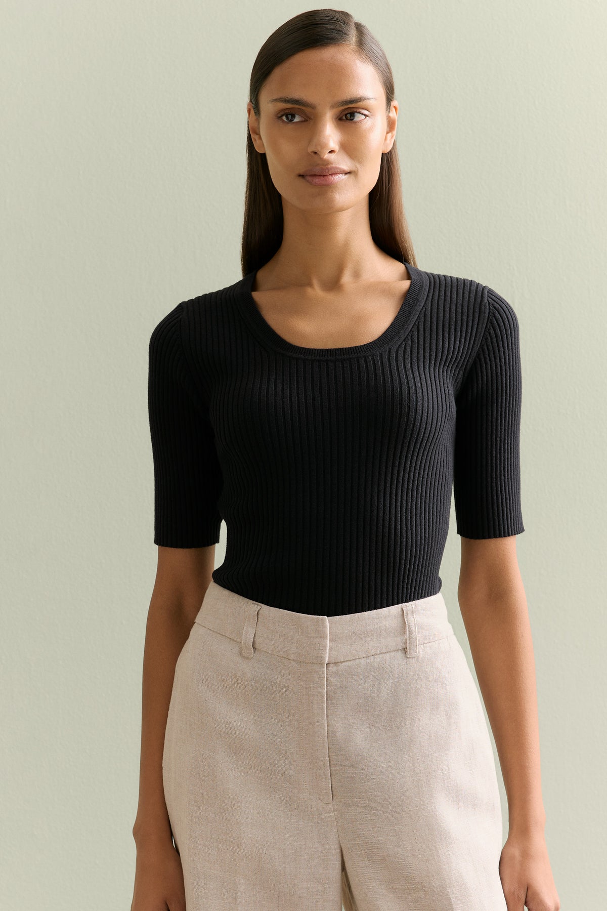 Cotton Cashmere Blend Rib Knit T-Shirt
