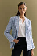 Cotton Blend Check Tweed Fray Double Breasted Blazer