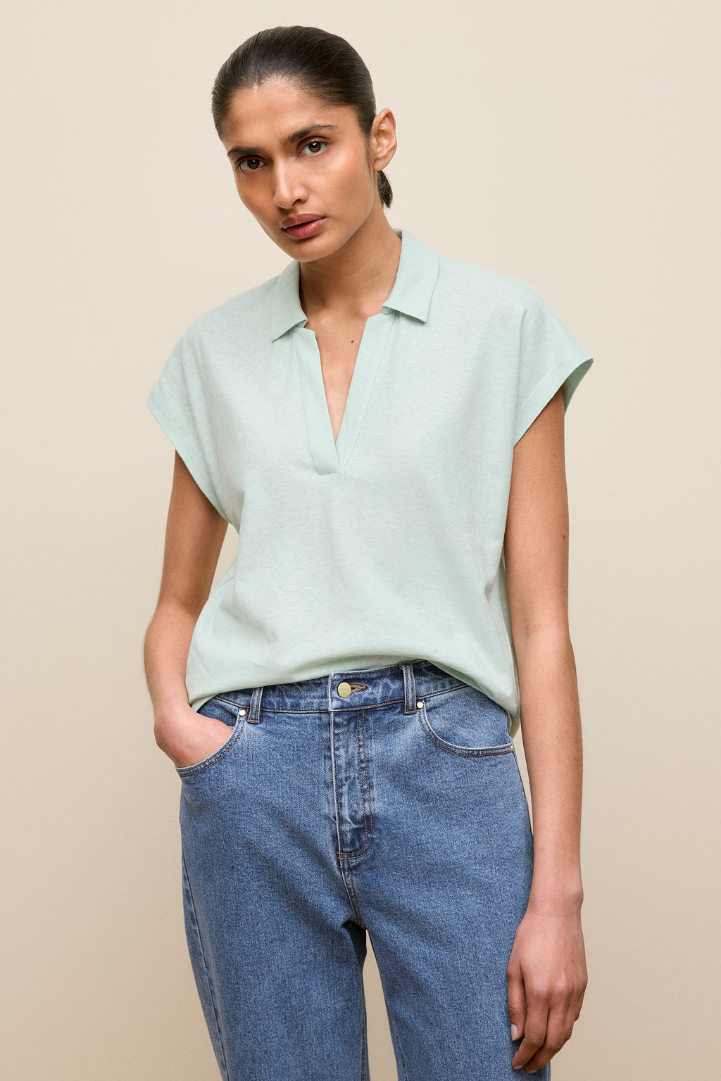 Linen Cotton Relaxed Cap Sleeve Polo