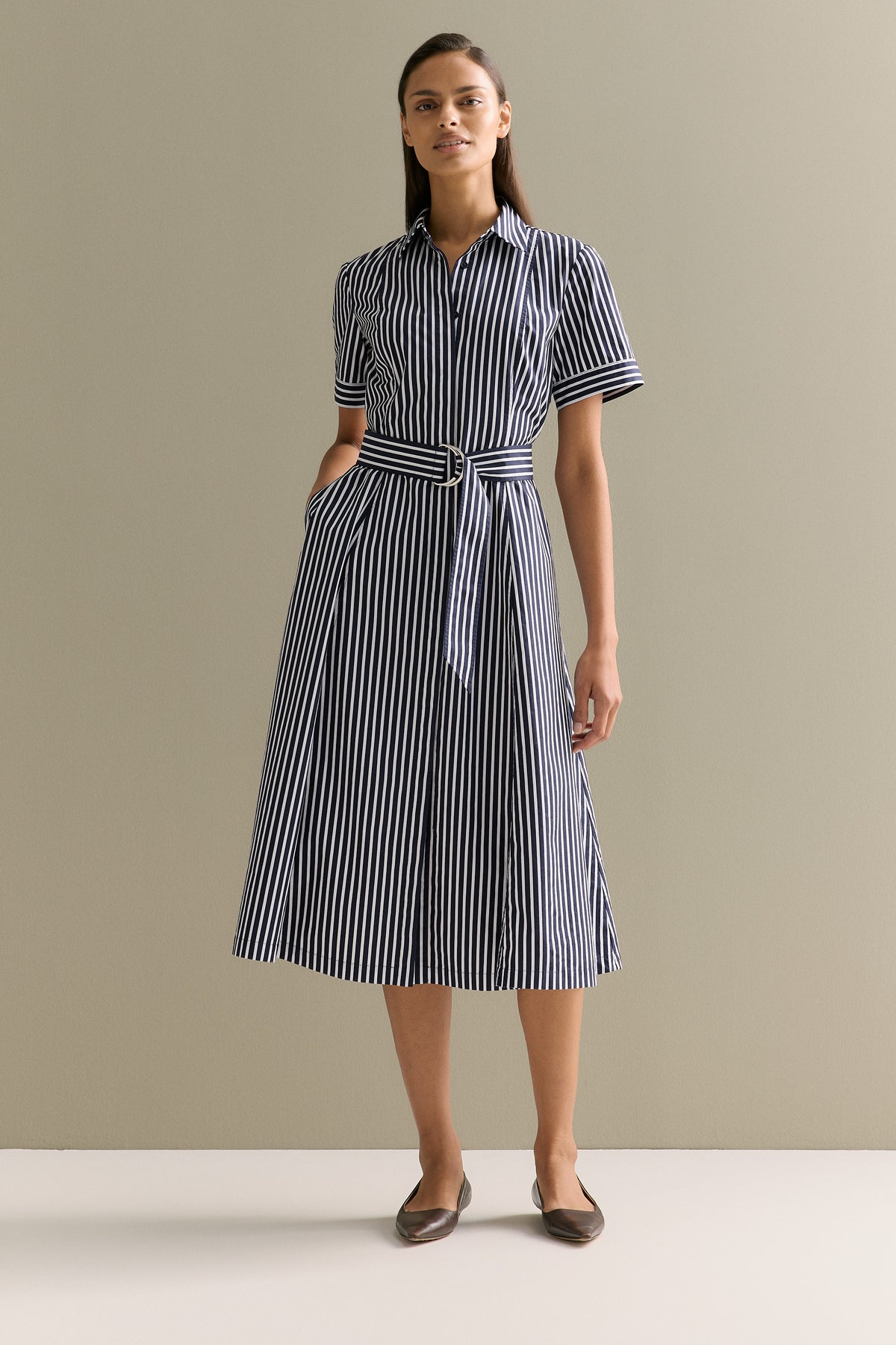 Cotton Poplin Stripe Print Shirt Dress