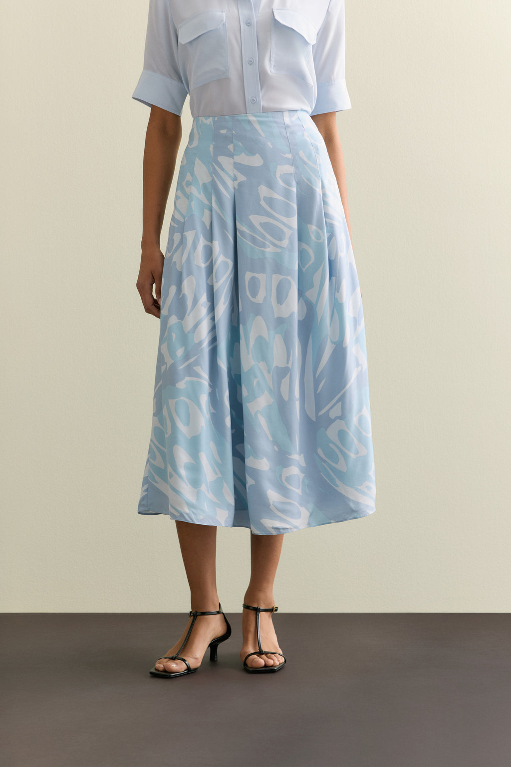 Draped Twill Butterfly Print Pleat Detail Skirt