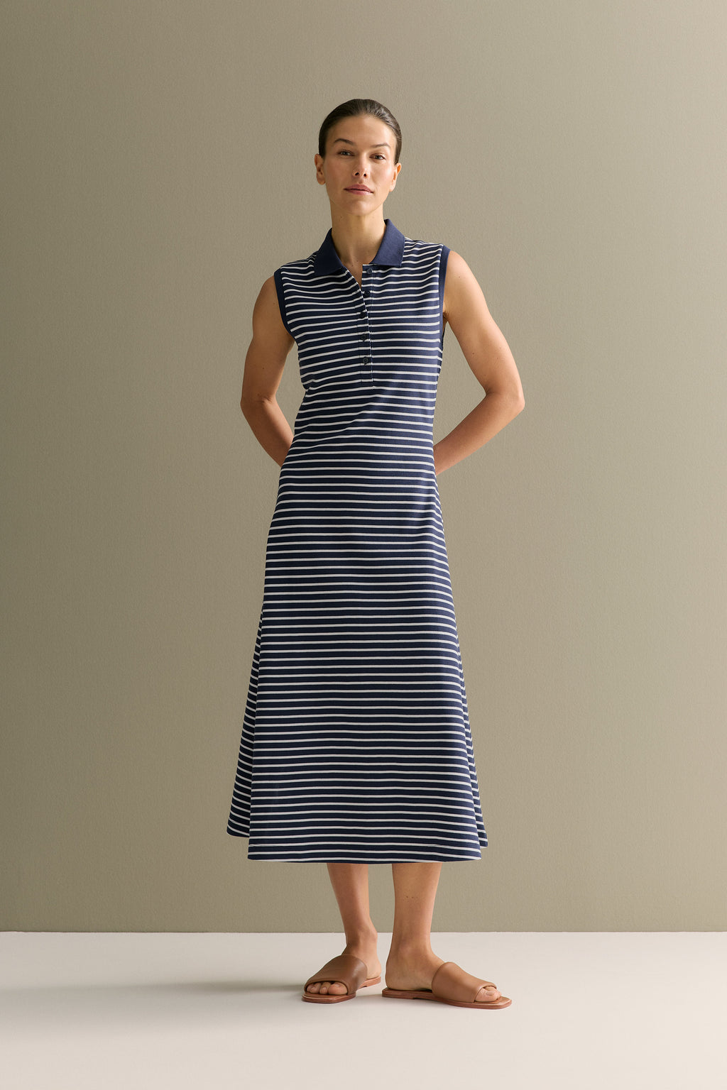 Cotton Pique Stripe Sleeveless Polo Dress