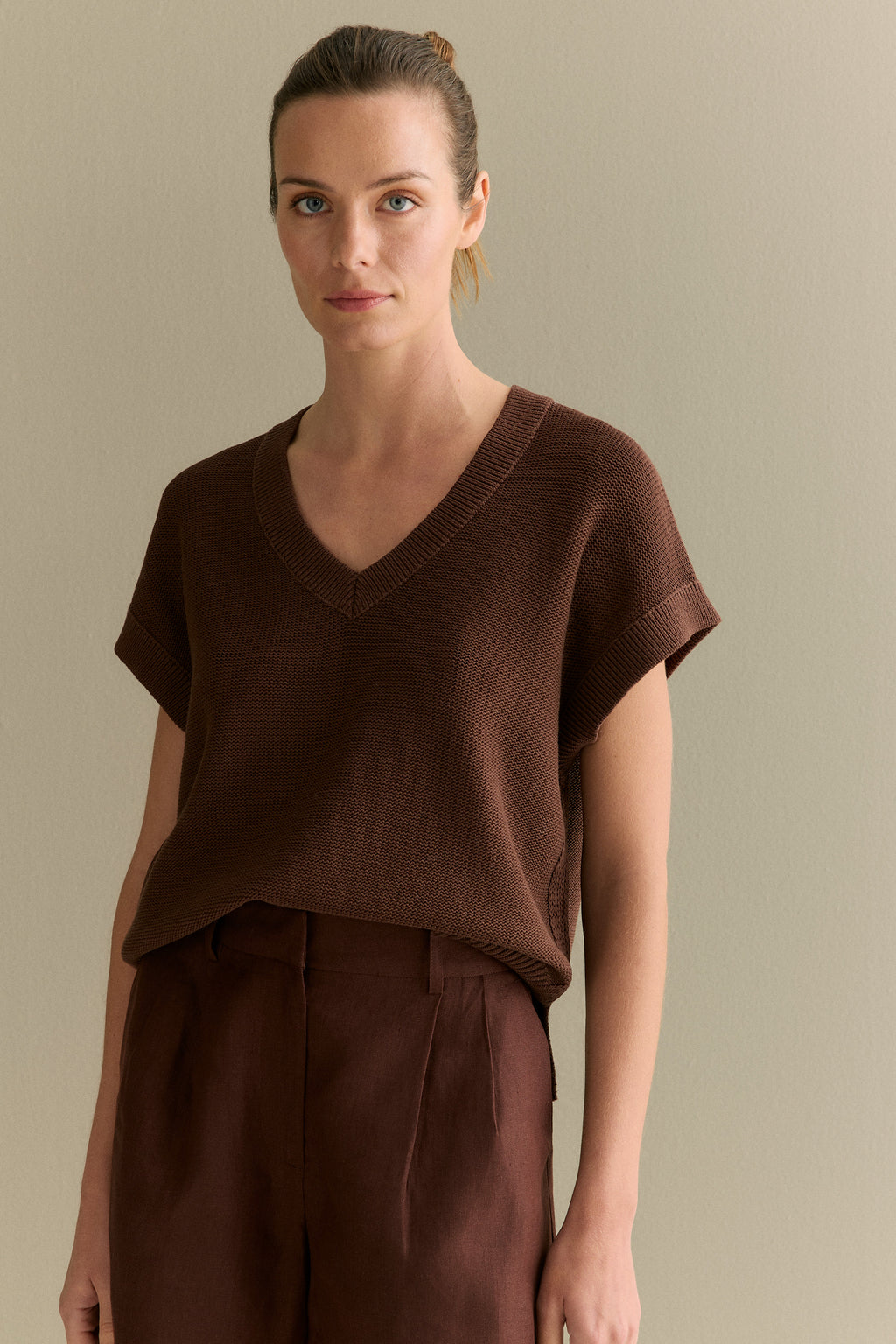 Mercerised Cotton Relaxed V Neck Knit